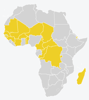 Map of countries where KIX works in West and Central Africa and Indian Ocean.