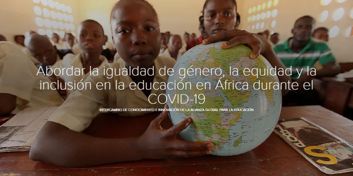 Portada del informe de KIX que muestra a niños en edad escolar, un globo terráqueo y el texto "Abordar la igualdad de género, la equidad y la inclusión en la educación en África durante el COVID-19"