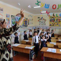 Teacher in Tajikistan classroom