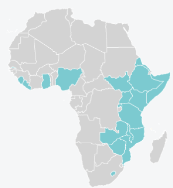 Map of countries where KIX works in Eastern, Southern and Western Africa.